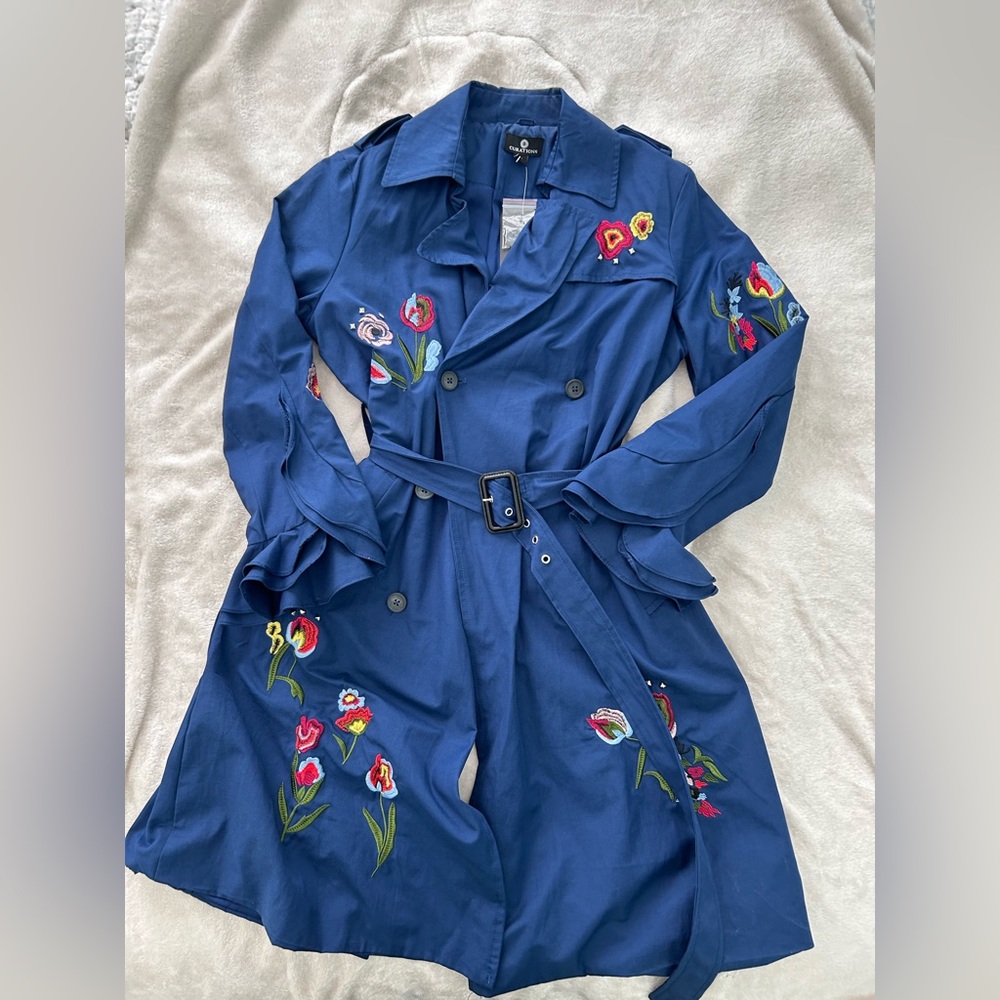 Embroidered Blue Trench Coat